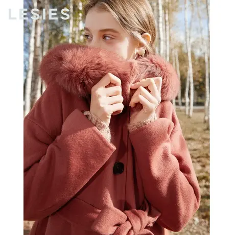 蓝色倾情2022秋冬款女装橘红时尚狐狸毛领系带连帽双面呢大衣女图片