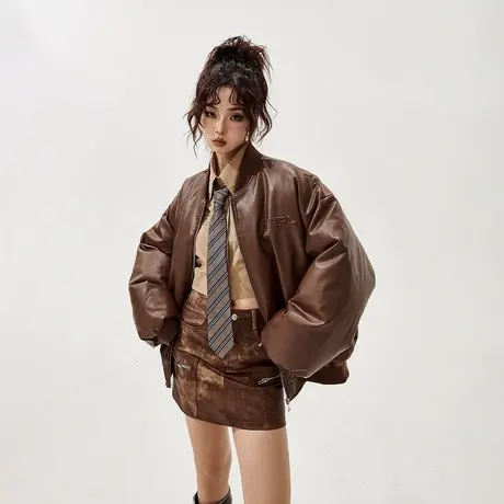 YEP美式复古PU皮棉服女加厚冬季棒球服外套2023新款宽松钢印棉衣图片