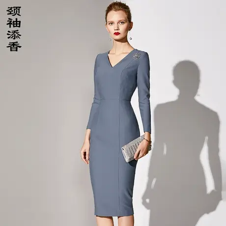 颈袖添香职业连衣裙女修身显瘦V领OL通勤正装长袖气质高端包臀裙图片