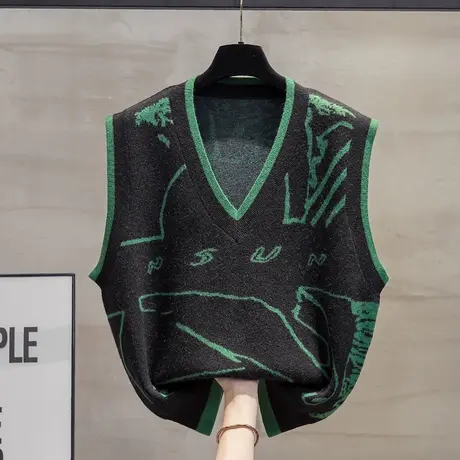 细针v领针织马甲背心女2023秋装新款宽松马夹外穿涂鸦毛衣坎肩潮图片