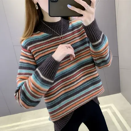 女装新品条纹半高领毛衣女款2023新款秋冬爆款冬季针织打底衫上衣商品大图