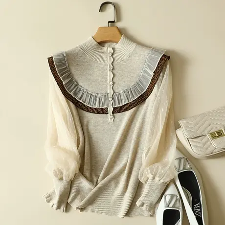 半高领羊毛针织衫女春装2024年新款雪纺袖宽松上衣洋气毛衣打底衫商品大图