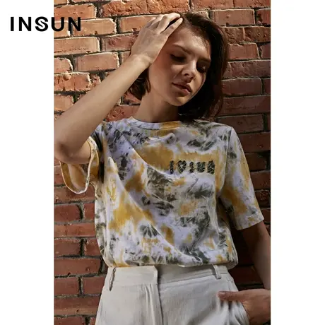 INSUN恩裳夏季扎染复古字母短袖T恤图片