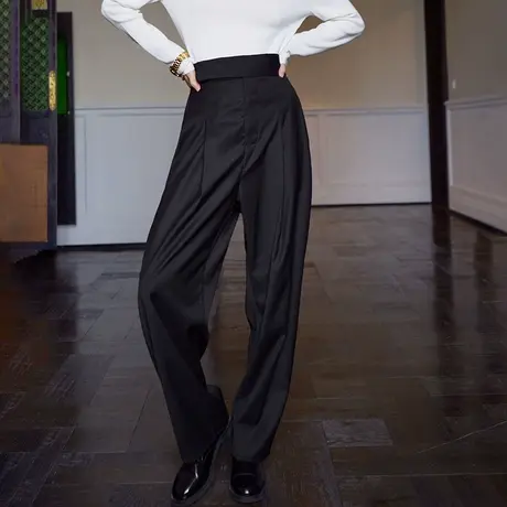 黑色高腰显瘦叠褶西装阔腿裤秋装女2023年新款宽松垂感直筒裤子商品大图