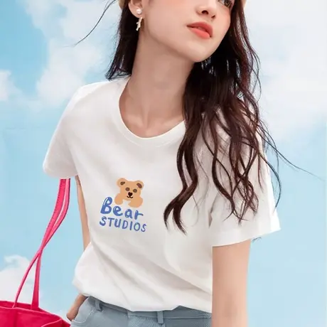 白色短袖t恤女装2023夏季新款纯棉宽松圆领小熊上衣ins潮正肩体恤商品大图