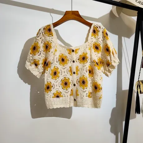 勾花镂空短袖开衫女夏季新款韩版太阳花刺绣方领短款小衫t恤上衣图片