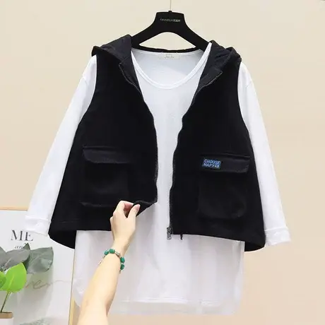 韩版休闲短款马甲女连帽春秋新款大码宽松文艺贴标马夹短外套潮款商品大图