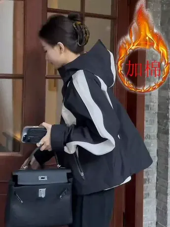 欧货通勤高级感小个子休闲运动黑色连帽冲锋衣夹克短外套女ins潮商品大图