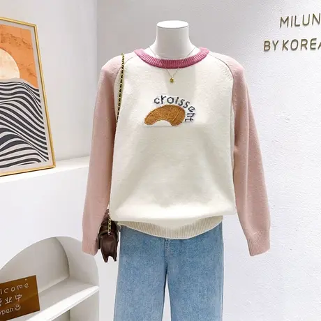 韩国东大门毛衣~秋冬ins奶油风软糯甜美复古拼色针织衫加厚学院风图片