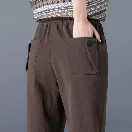 咖啡色女裤春秋宽松老爹裤2023新款松紧高腰裤九分休闲哈伦萝卜裤商品大图