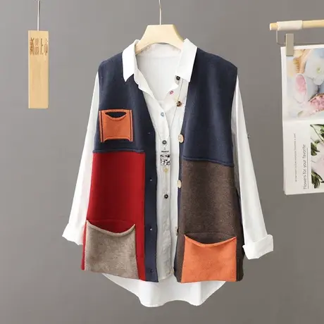 毛衣开衫马甲女新款2024年针织马夹背心外套拼色宽松外搭坎肩上衣图片