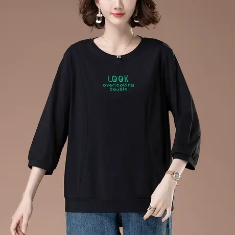 七分袖T恤女早秋新款加肥加大码女装宽松中老年妈妈纯棉中袖上衣商品大图