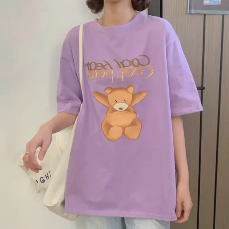 欧货大版小熊短袖t恤女2021新款宽松韩版纯棉半袖ins超火上衣服潮商品大图