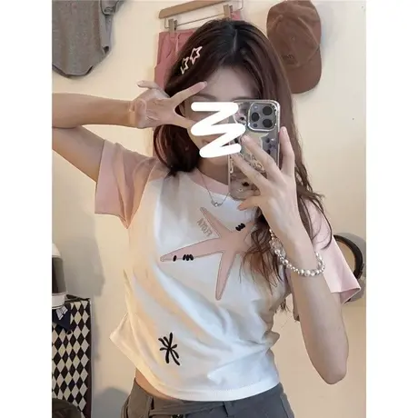 短袖t恤女2024年新款夏季薄款纯棉美式印花撞色插肩袖体恤上衣女商品大图