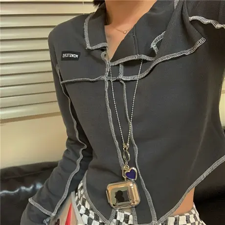 红续韩版百搭修身ins新款显瘦个性短款长袖T恤女打底衫上衣洋气商品大图