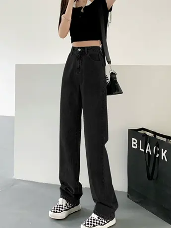 清仓捡漏高腰阔腿牛仔裤女復古设计感显瘦直筒宽松小个子拖地裤图片