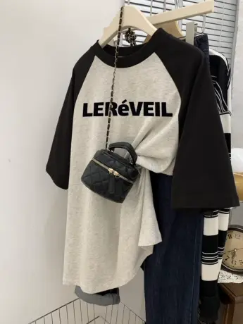 港味复古插肩袖t恤女chic大码纯棉ins潮牌显瘦小个子百搭短袖上衣商品大图