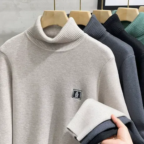 自发热高领毛衣男2023冬季一体绒打底衫男士毛衫加绒加厚领针织衫商品大图