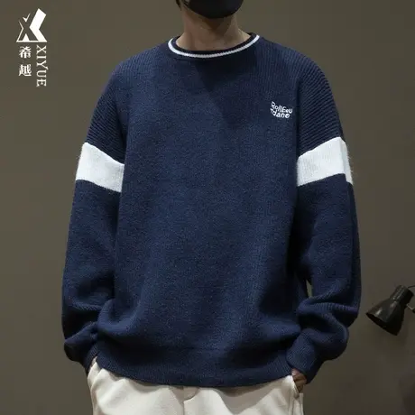 希越北极绒针织毛衣重磅男士秋冬日系撞色宽松大码刺绣学院风打底商品大图