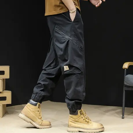 日系潮牌工装裤男士春秋黑色休闲男裤宽松大码束脚工装裤子男耐磨商品大图