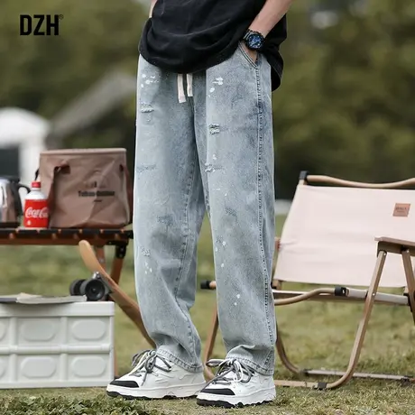 男士浅蓝色破洞牛仔裤男秋冬新款直筒休闲裤子宽松百搭直筒裤潮牌商品大图