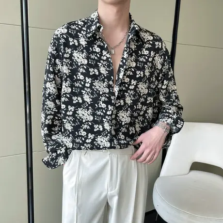 小香风衬衫男长袖春夏轻盈冰丝时尚碎花小衫休闲宽松垂坠感雪纺衫图片