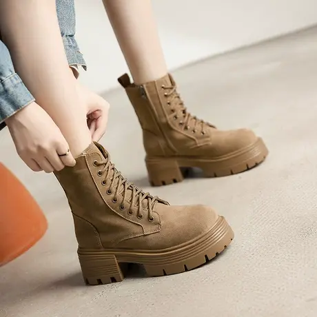 厚底增高马丁靴女英伦风大黄靴2024年秋冬新款粗跟短靴系带女靴潮图片