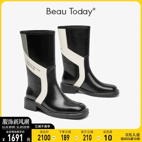 BeauToday中筒靴女真皮高跟新款秋季BT单靴粗跟厚底复古法式靴子图片
