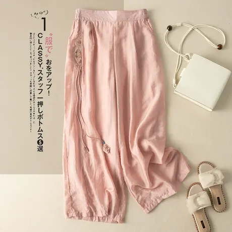 享永子天丝阔腿裤女文艺复古宽松显瘦休闲裤小众设计国风2023新款商品大图