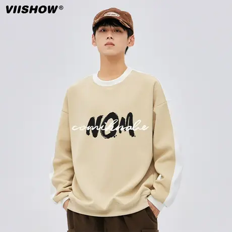 VIISHOW拼接设计感圆领卫衣男生秋冬慵懒风宽松百搭休闲运动上衣商品大图