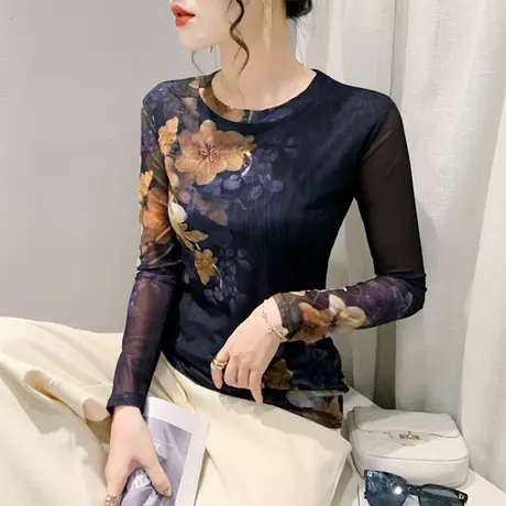 时尚复古印花圆领打底衫长袖秋冬新款T恤女网纱洋气内塔上衣修身商品大图