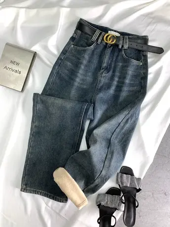 复古磨白加绒加厚牛仔阔腿裤女2023冬季新款显瘦百搭高腰阔腿长裤商品大图