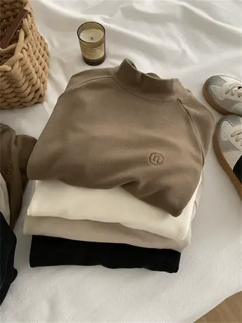 插肩袖刺绣圆领T恤女宽松百搭显瘦立领澳绒打底衫23秋冬磨毛内搭商品大图