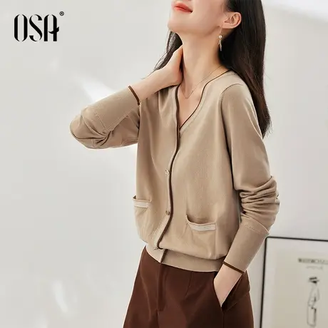 OSA欧莎长袖V领短款针织衫女早秋装2022年新款外穿套头百搭上衣商品大图