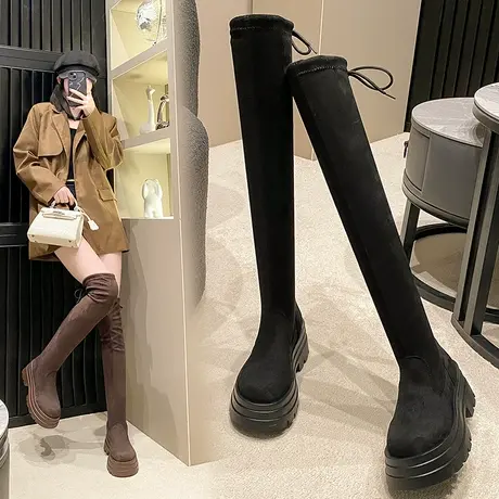 增高过膝靴子女复古长靴女小个子厚底长筒靴美拉德高筒弹力瘦瘦靴商品大图