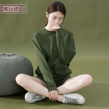 横行道两件套2024圆领套装宽松纯色长袖卫衣休闲外穿春装短裤女装图片