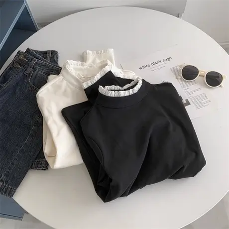 蕾丝花边拼接长袖T恤女秋冬内搭半高领德绒加厚修身上衣打底小衫商品大图