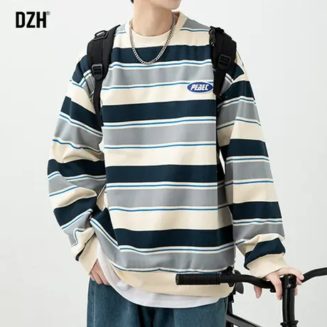男生条纹卫衣男圆领春秋潮流体恤男款2024新款上衣学院风外套宽松商品大图