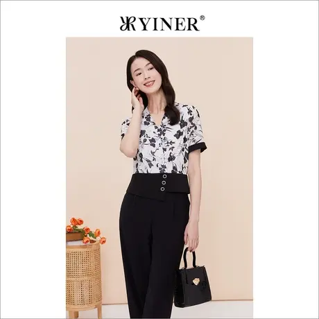 YINER音儿专选女装夏季女装复古印花T恤不规则上衣商品大图
