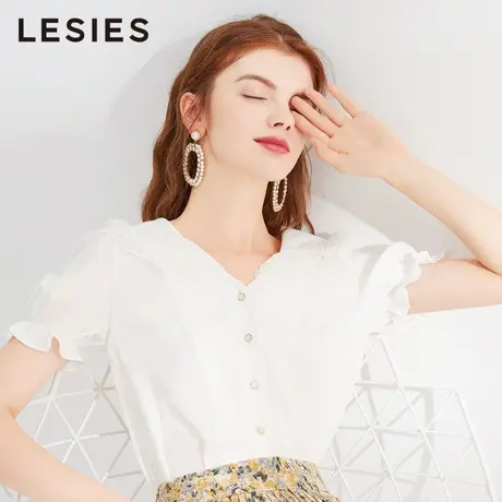 蓝色倾情夏装新款女装 简约花边V领白色衬衫女设计感小众轻熟上衣商品大图