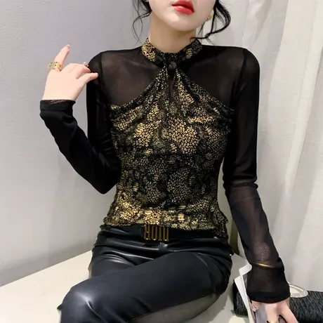 春装2024新款T恤女性感网纱镂空拼接烫金气质上衣女修身打底小衫商品大图