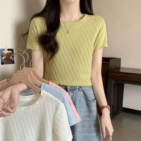 韩系高级感正肩短袖T恤女2025新款夏装修身短款半袖打底衫上衣服商品大图
