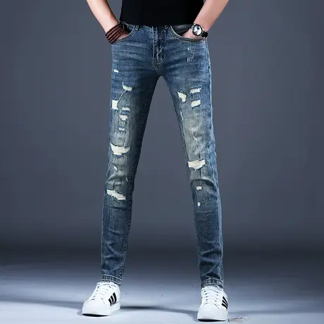 破洞牛仔裤男款复古做旧弹力小脚修身裤子潮流男士2024新款春秋款图片