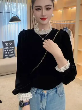 韩版高级感减龄蕾丝花边黑色丝绒上衣女春秋新款法式小众设计衬衫商品大图