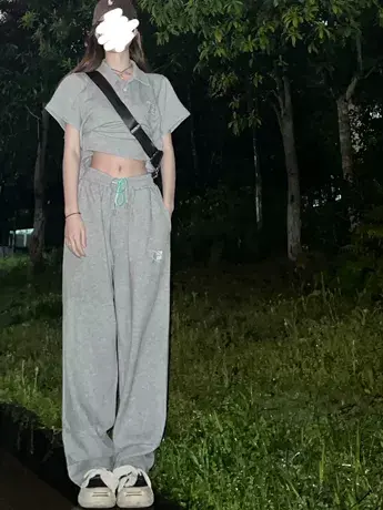 运动套装女夏2022新款宽松潮牌短款polo衫短袖t恤休闲长裤两件套图片