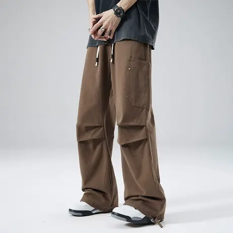 男士工装休闲长裤多口袋直筒宽松美式简约抽绳束脚青年春秋薄款裤图片