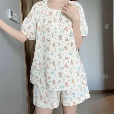 日系纯棉印花双层纱布睡衣女夏天2023年新款短袖家居服商品大图