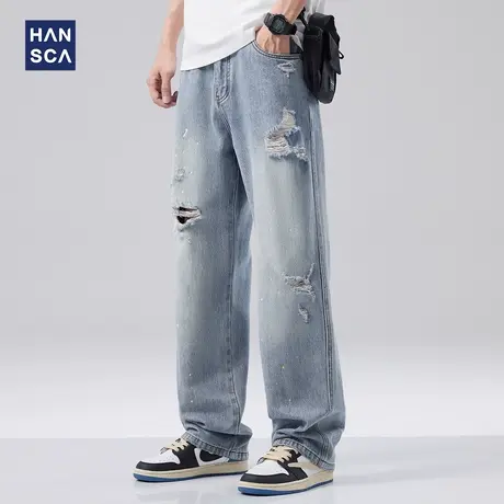 hansca破洞宽松直筒牛仔裤男春季新款日系潮牌泼墨痞帅休闲长裤子商品大图