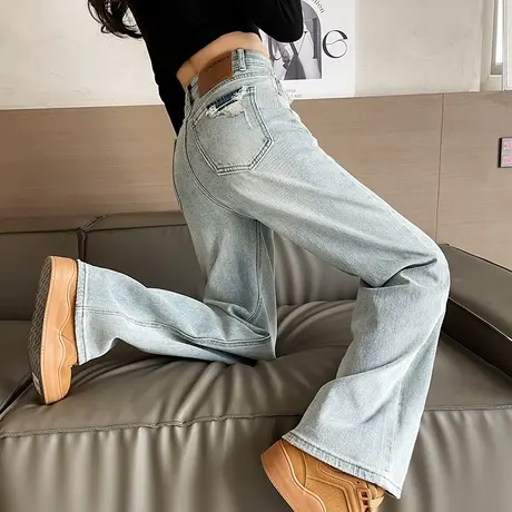 窄版阔腿牛仔裤女春秋2024复古高腰破洞浅色裤子显瘦宽松直筒裤子商品大图