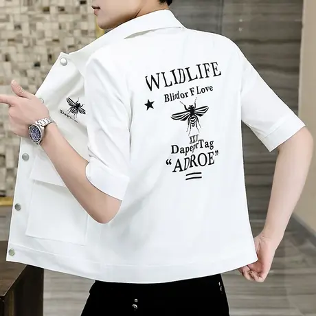 衬衫男夏季韩版网红个性外套潮牌五分袖夹克上衣学生帅气短袖衬衣商品大图